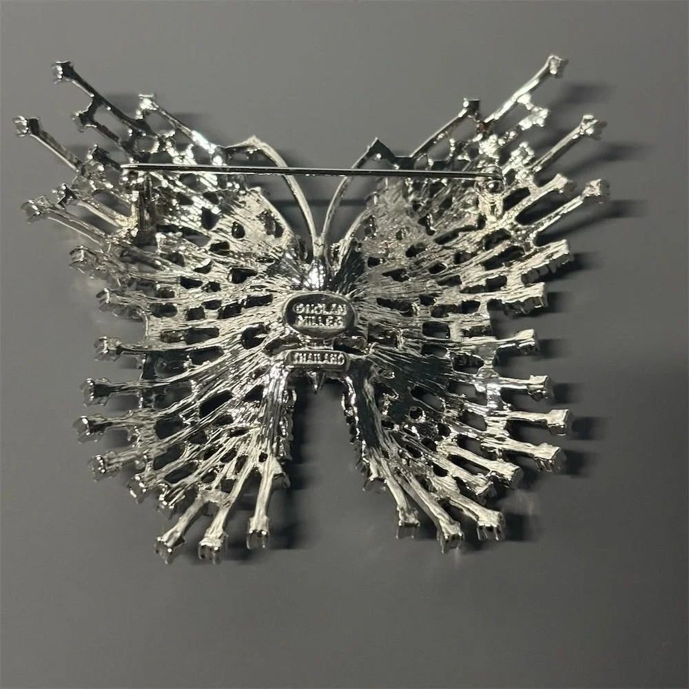 Nolan Miller Butterfly Brooch Silver Tone Rhinestone Crystal Aurora Borealis